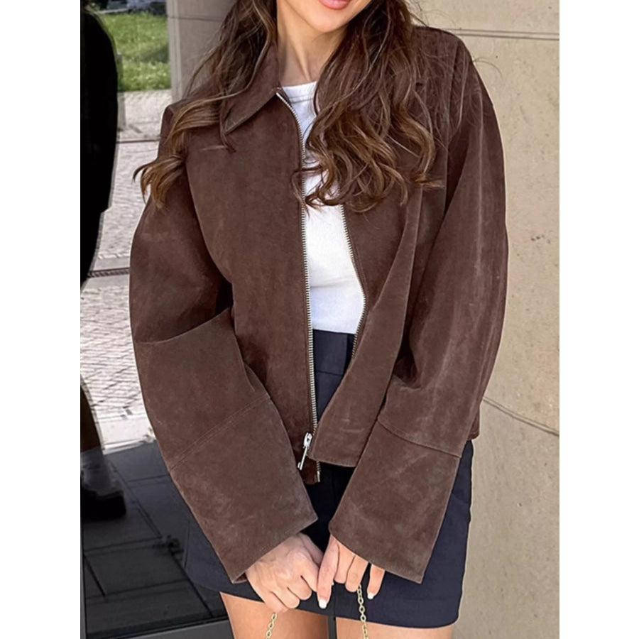 Zip-Up Dropped Shoulder Jacket Brown / S Apparel and Accessories