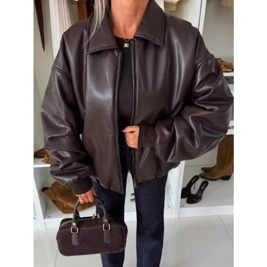 Zip Up Dropped Shoulder Jacket Brown / S Apparel and Accessories