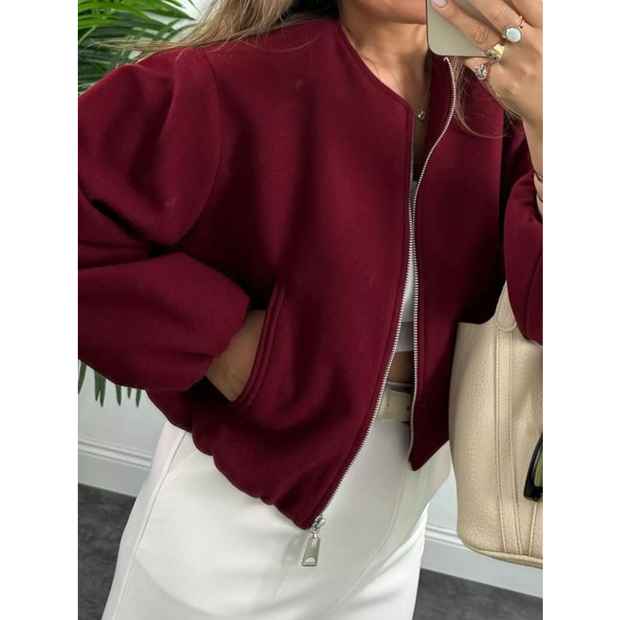 Zip Up Dropped Shoulder Jacket Burgundy / XS Apparel and Accessories