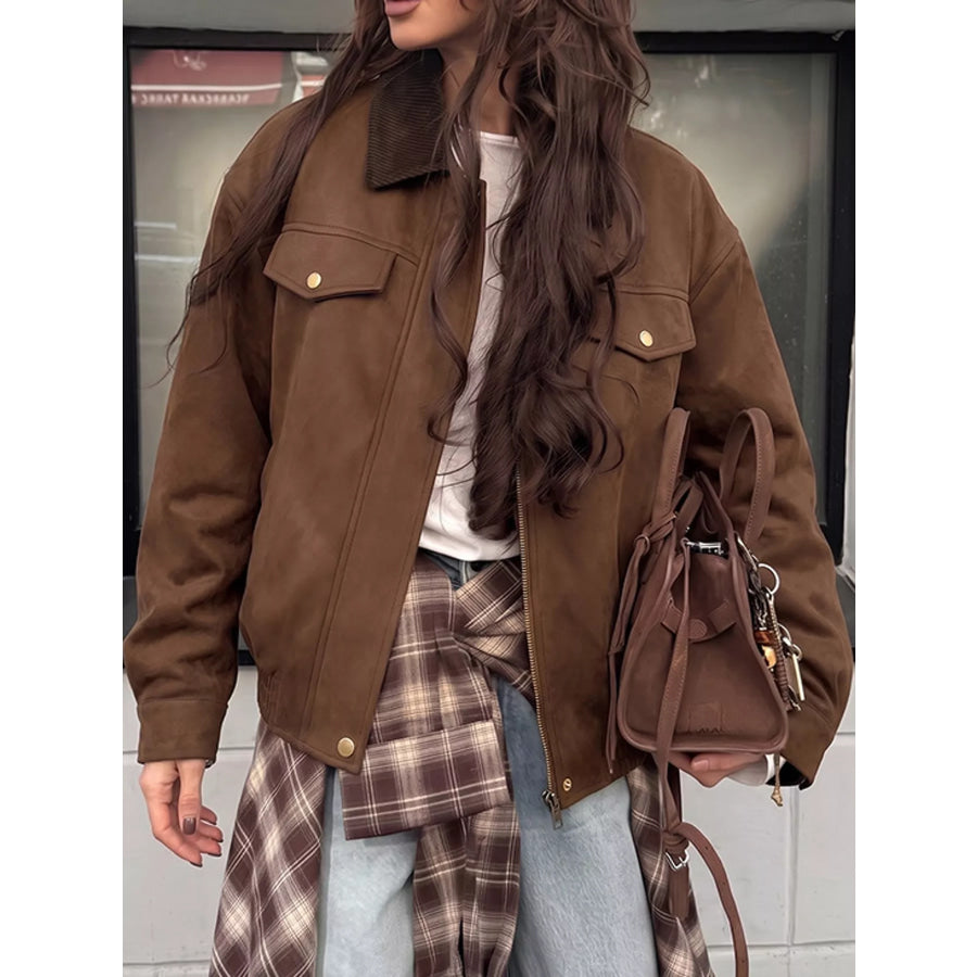 Zip Up Dropped Shoulder Jacket Coffee Brown / S Apparel and Accessories