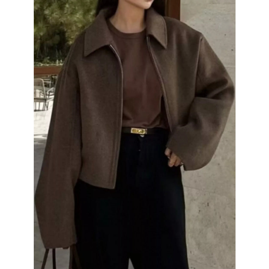 Zip Up Dropped Shoulder Jacket Coffee Brown / S Apparel and Accessories