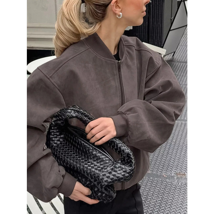 Zip Up Dropped Shoulder Jacket Dark Gray / S Apparel and Accessories