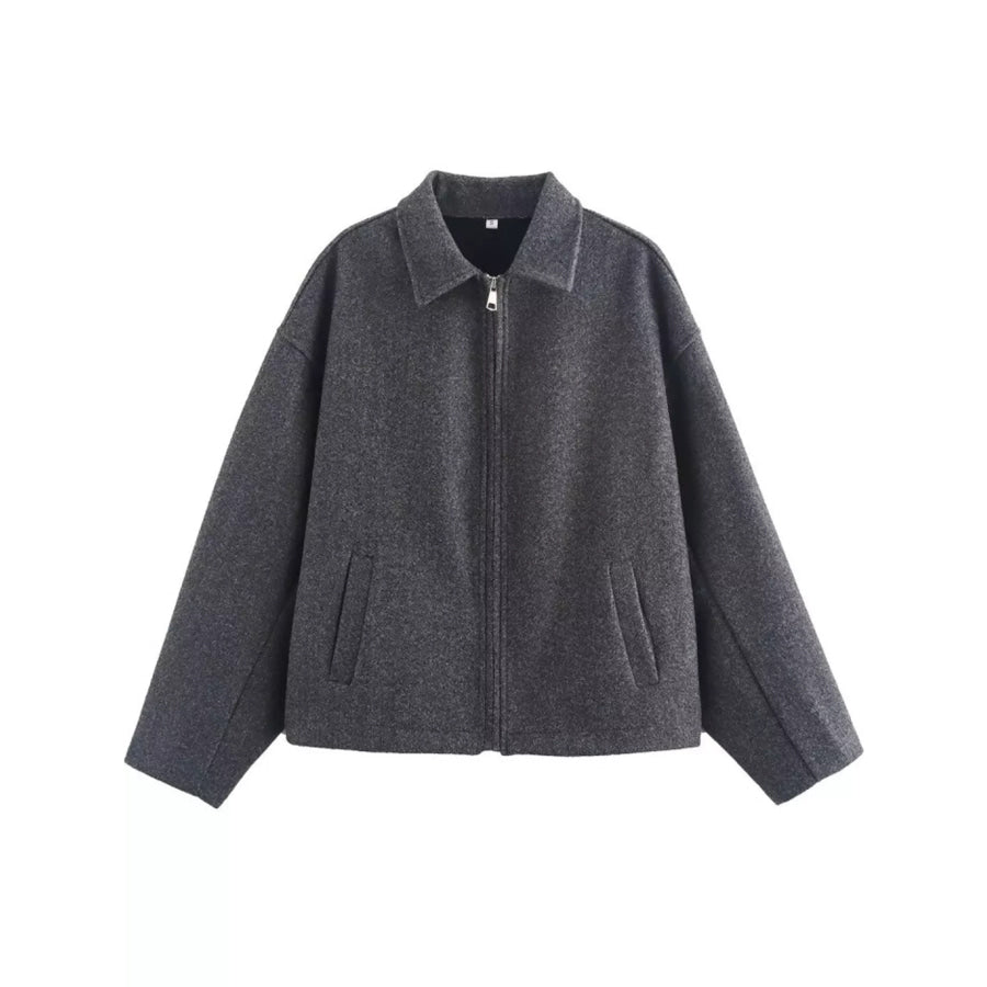 Zip Up Dropped Shoulder Jacket Dark Gray / S Apparel and Accessories