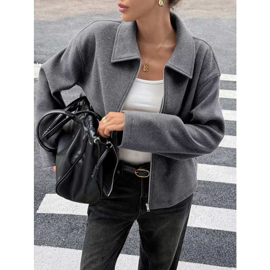 Zip-Up Dropped Shoulder Jacket Dark Gray / S Apparel and Accessories