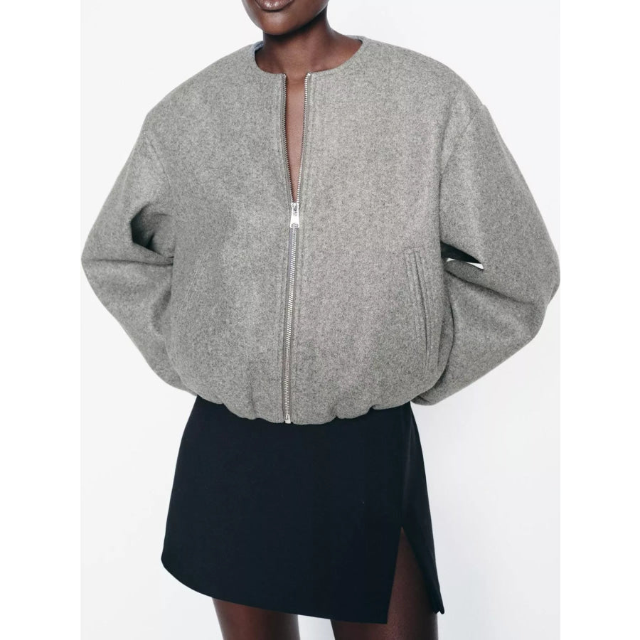 Zip Up Dropped Shoulder Jacket Gray / XS Apparel and Accessories