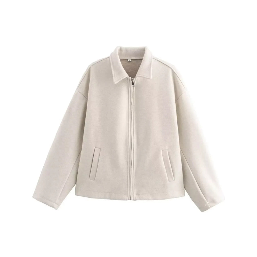 Zip Up Dropped Shoulder Jacket Ivory / S Apparel and Accessories