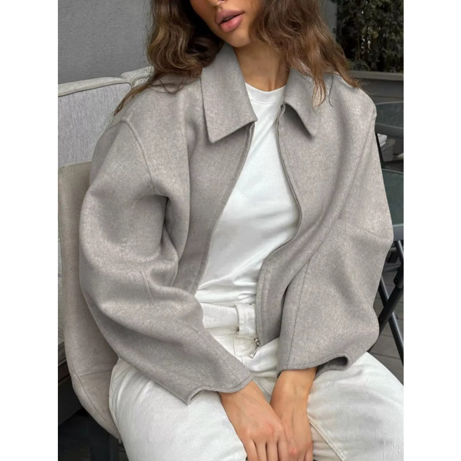 Zip Up Dropped Shoulder Jacket Khaki / S Apparel and Accessories