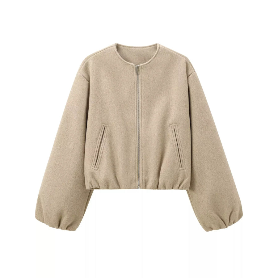 Zip Up Dropped Shoulder Jacket Khaki / XS Apparel and Accessories