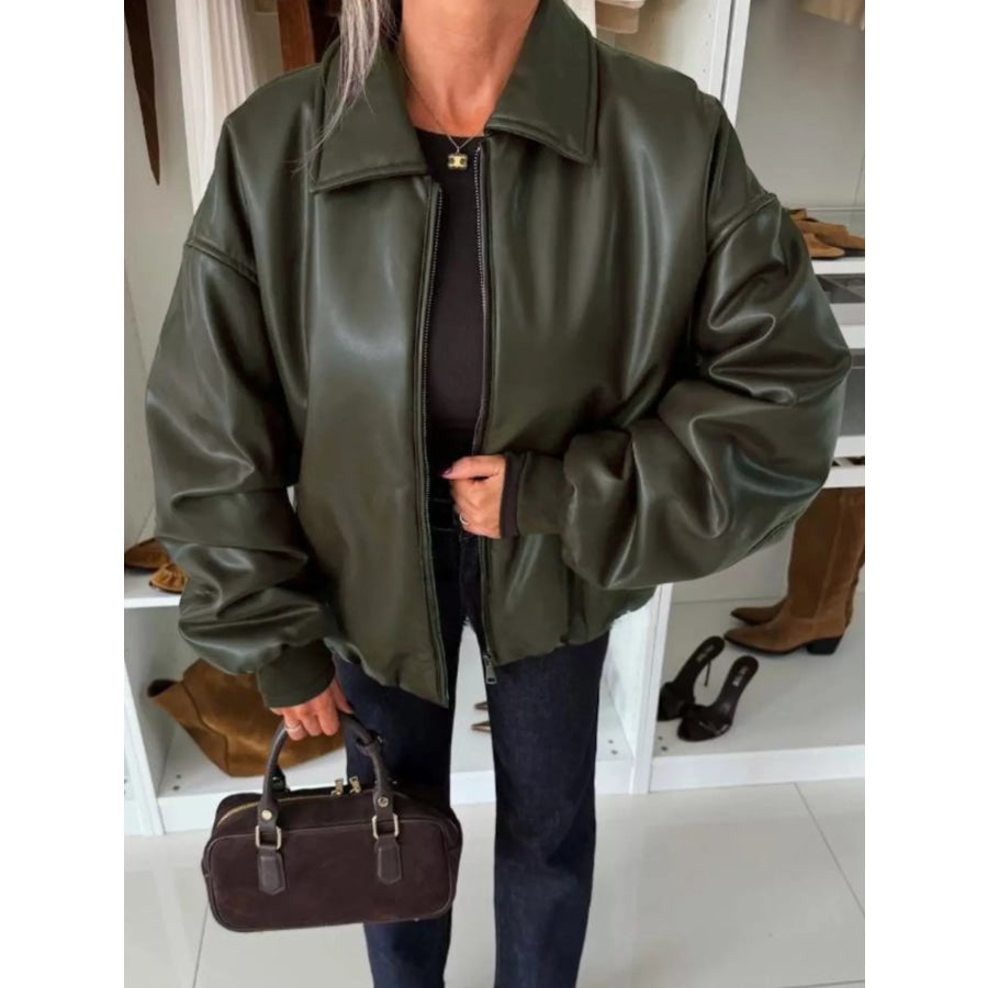 Zip Up Dropped Shoulder Jacket Olive Green / S Apparel and Accessories