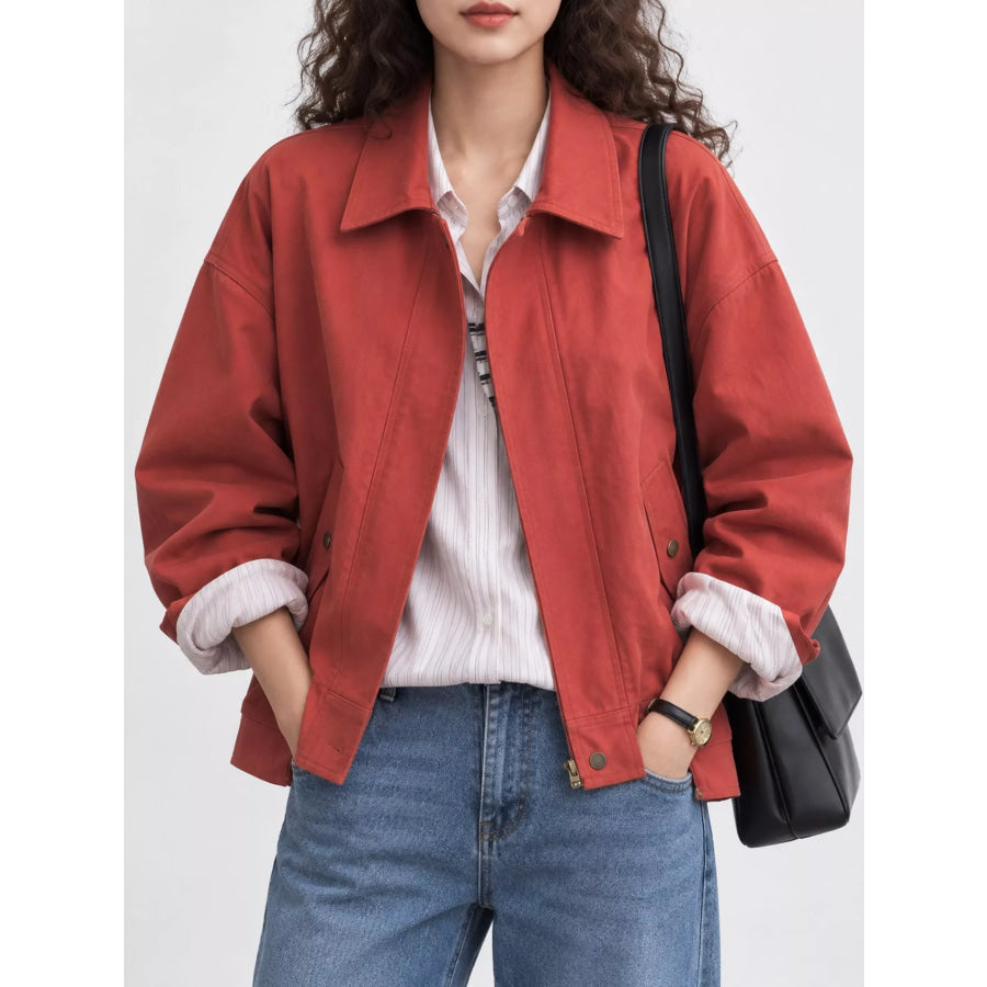 Zip Up Dropped Shoulder Jacket Red / S Apparel and Accessories