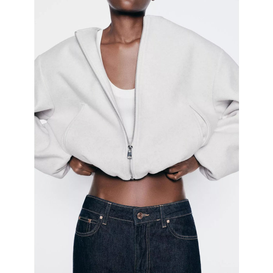 Zip Up Dropped Shoulder Jacket White / XS Apparel and Accessories