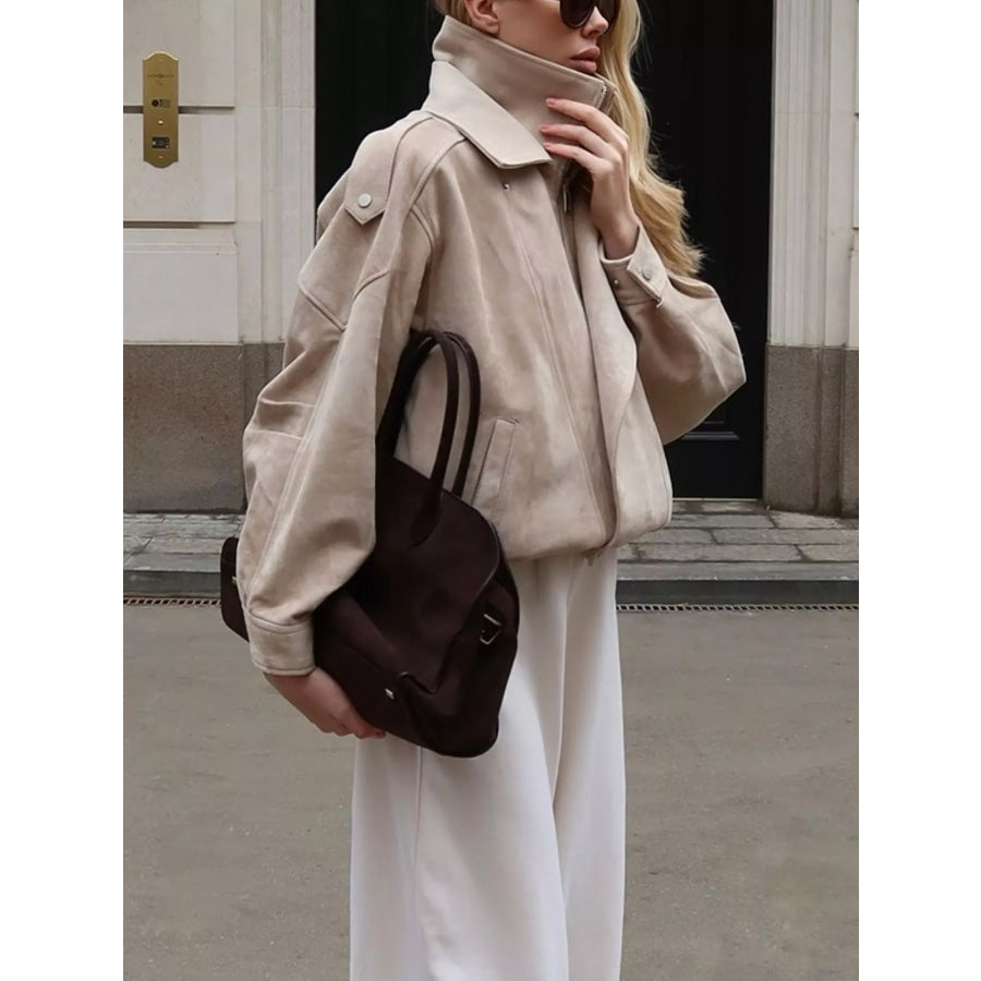 Zip Up Dropped Shoulder Moto Jacket Apparel and Accessories