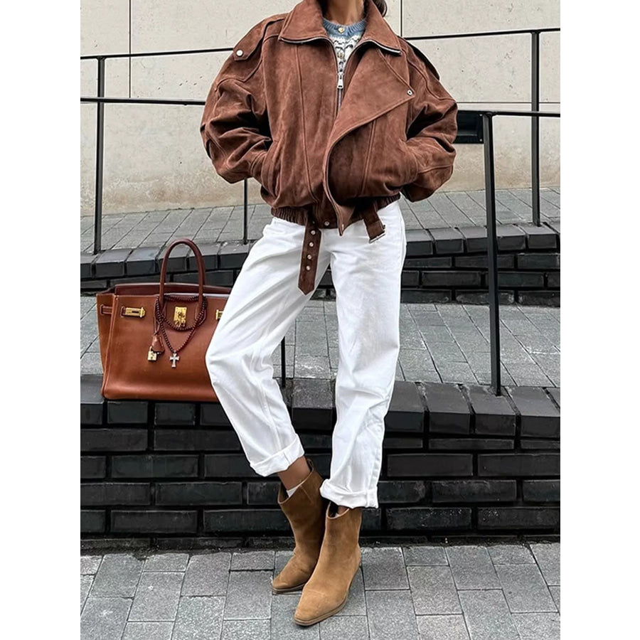 Zip Up Dropped Shoulder Moto Jacket Apparel and Accessories