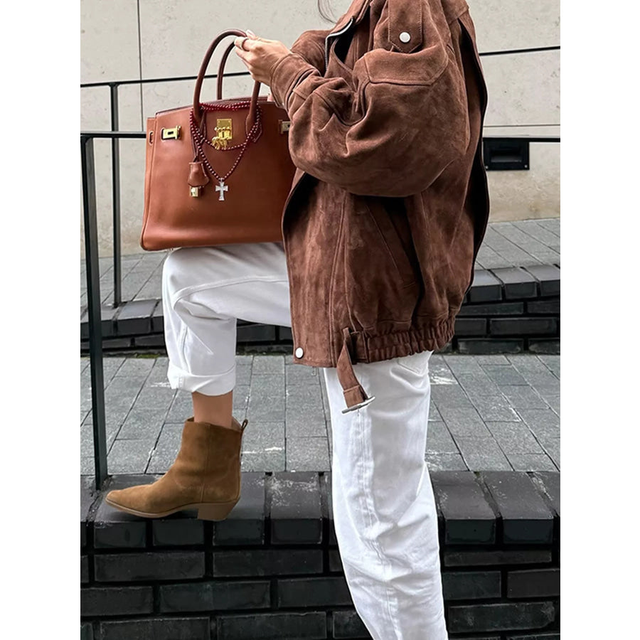 Zip Up Dropped Shoulder Moto Jacket Apparel and Accessories