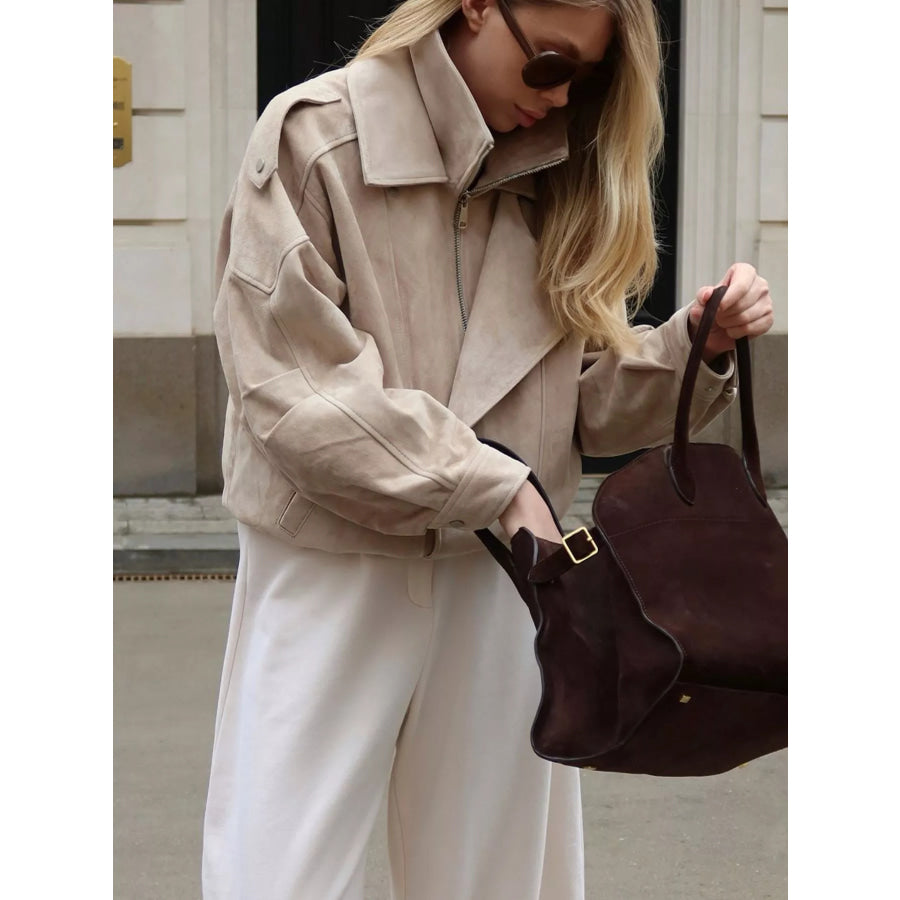 Zip Up Dropped Shoulder Moto Jacket Apparel and Accessories