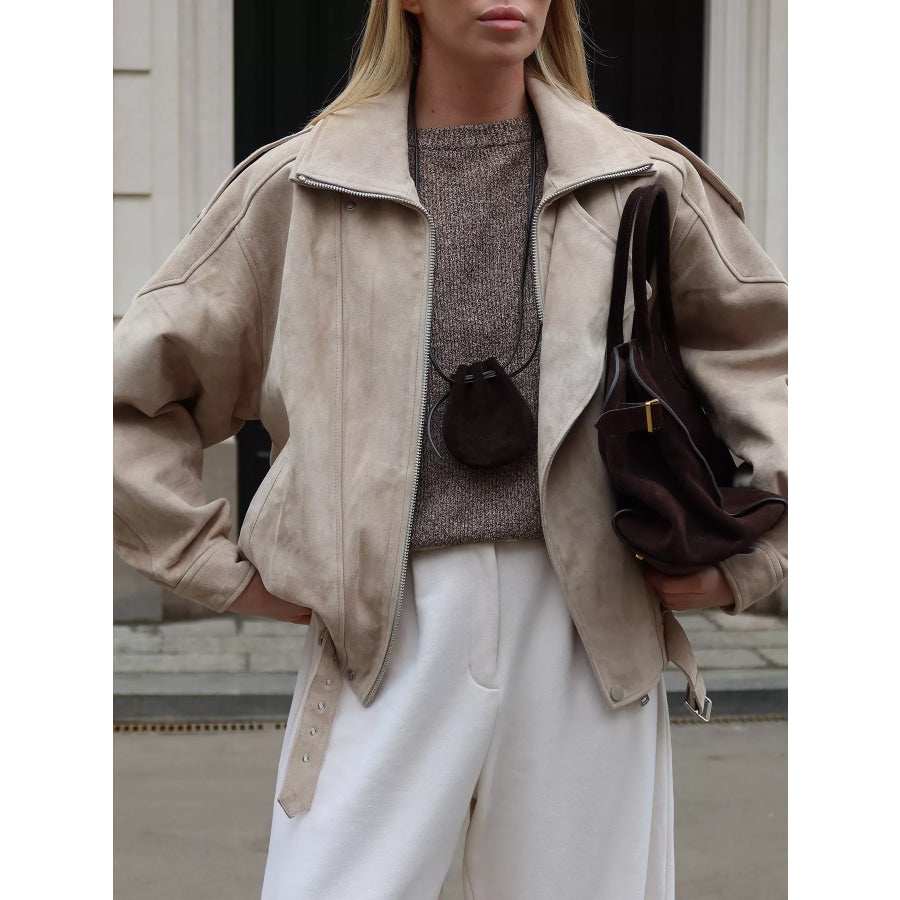 Zip Up Dropped Shoulder Moto Jacket Beige / S Apparel and Accessories