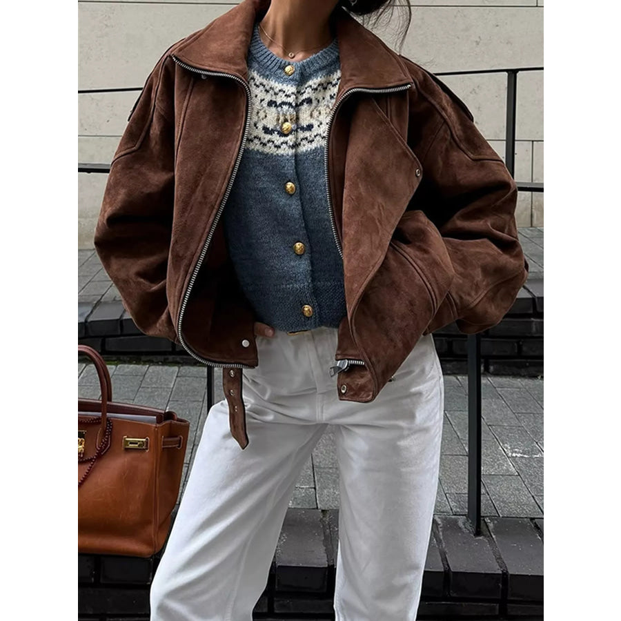 Zip Up Dropped Shoulder Moto Jacket Brown / S Apparel and Accessories