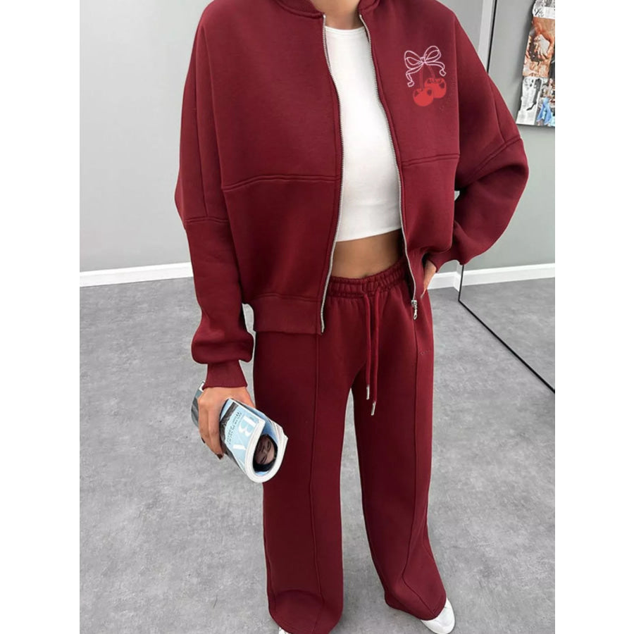 Zip Up Dropped Shoulder Outerwear and Pants Set Apparel and Accessories