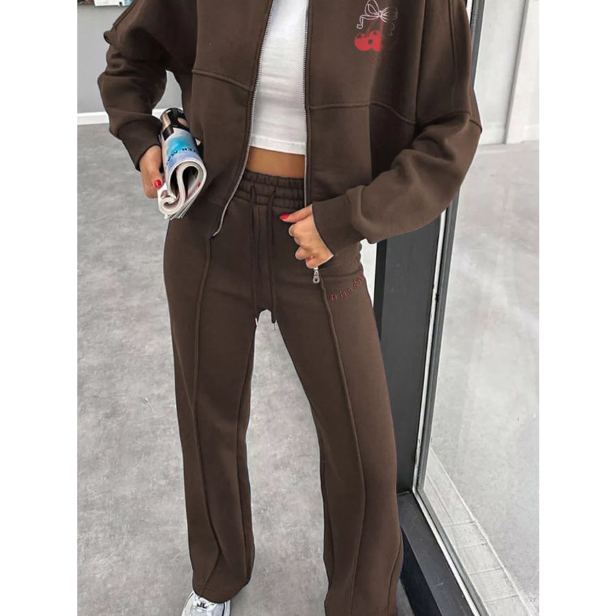 Zip Up Dropped Shoulder Outerwear and Pants Set Apparel and Accessories