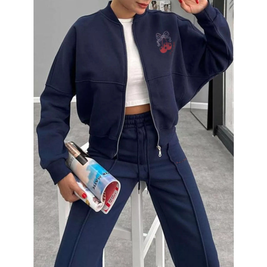 Zip Up Dropped Shoulder Outerwear and Pants Set Apparel and Accessories