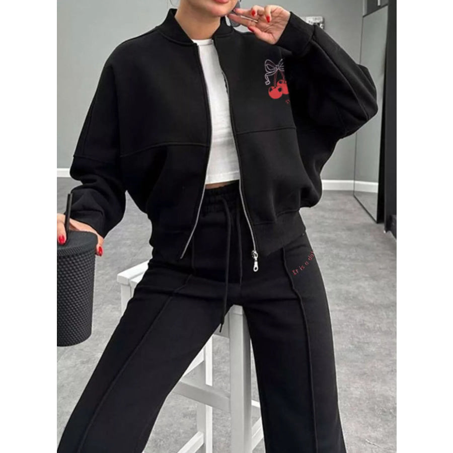Zip Up Dropped Shoulder Outerwear and Pants Set Apparel and Accessories