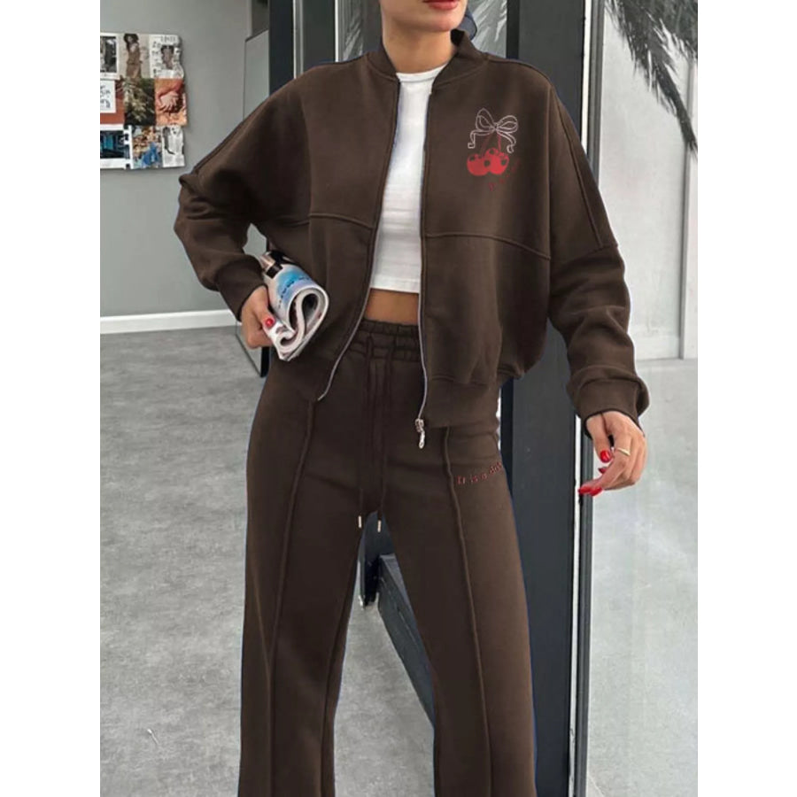 Zip Up Dropped Shoulder Outerwear and Pants Set Apparel and Accessories