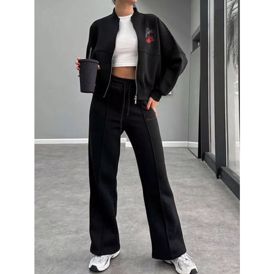 Zip Up Dropped Shoulder Outerwear and Pants Set Apparel and Accessories