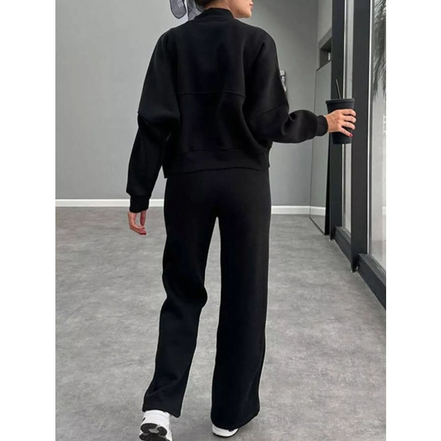 Zip Up Dropped Shoulder Outerwear and Pants Set Apparel and Accessories