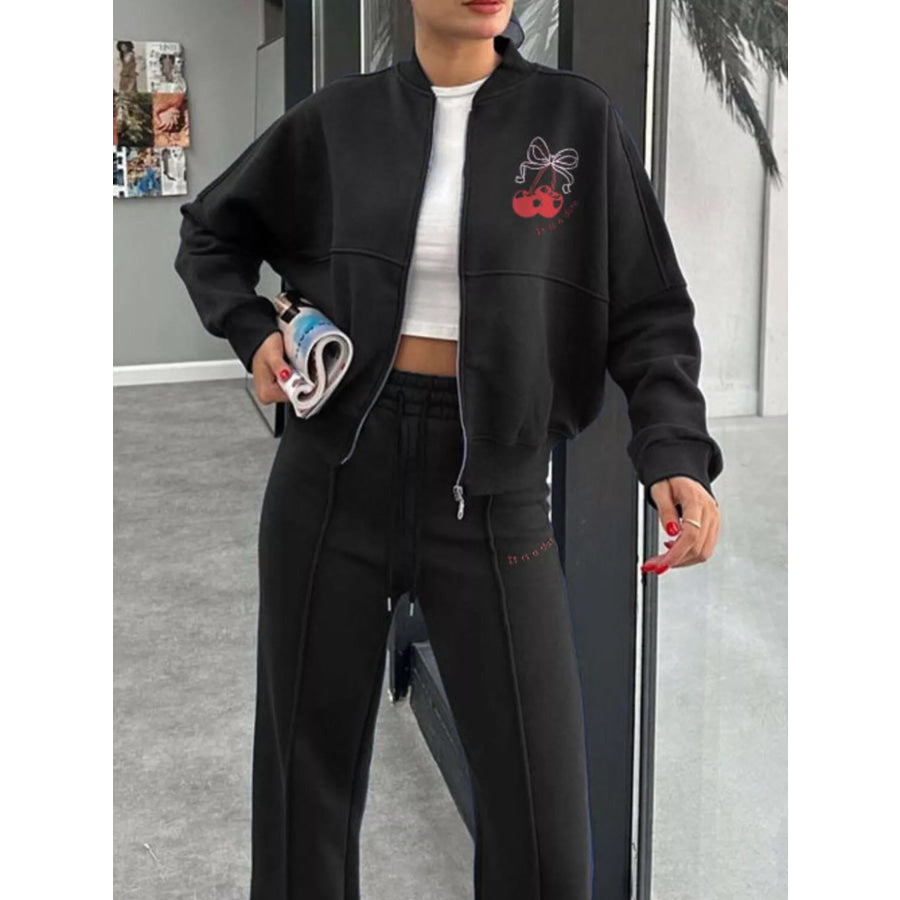 Zip Up Dropped Shoulder Outerwear and Pants Set Apparel and Accessories