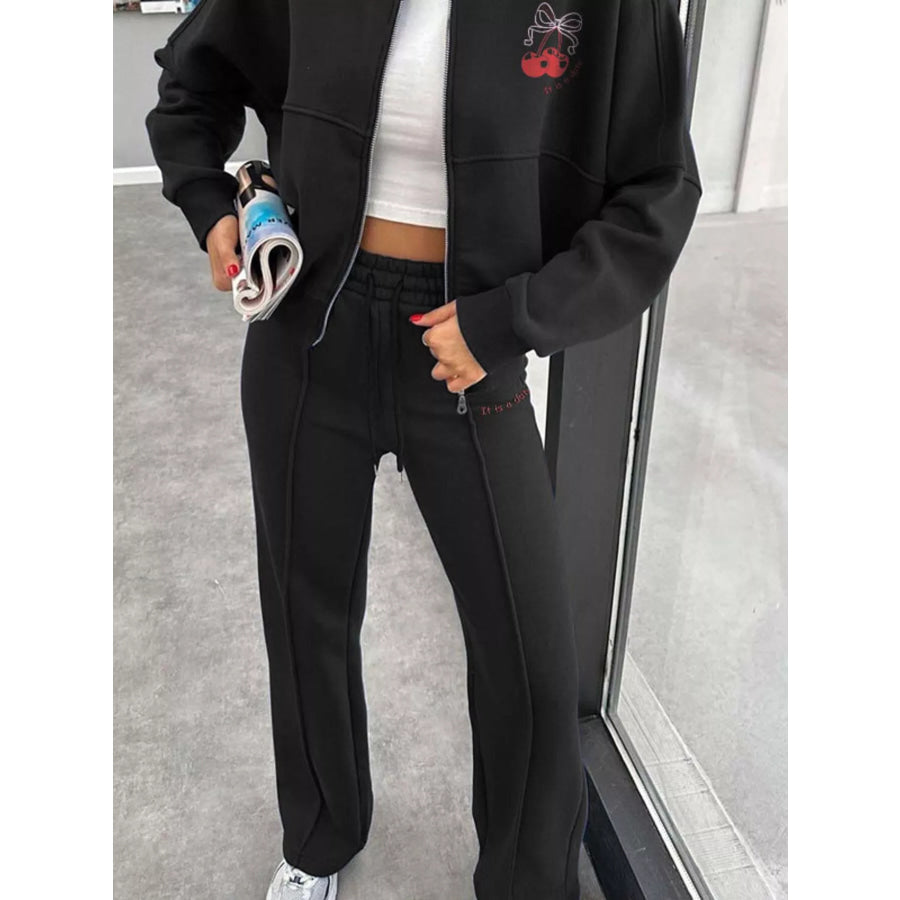 Zip Up Dropped Shoulder Outerwear and Pants Set Apparel and Accessories