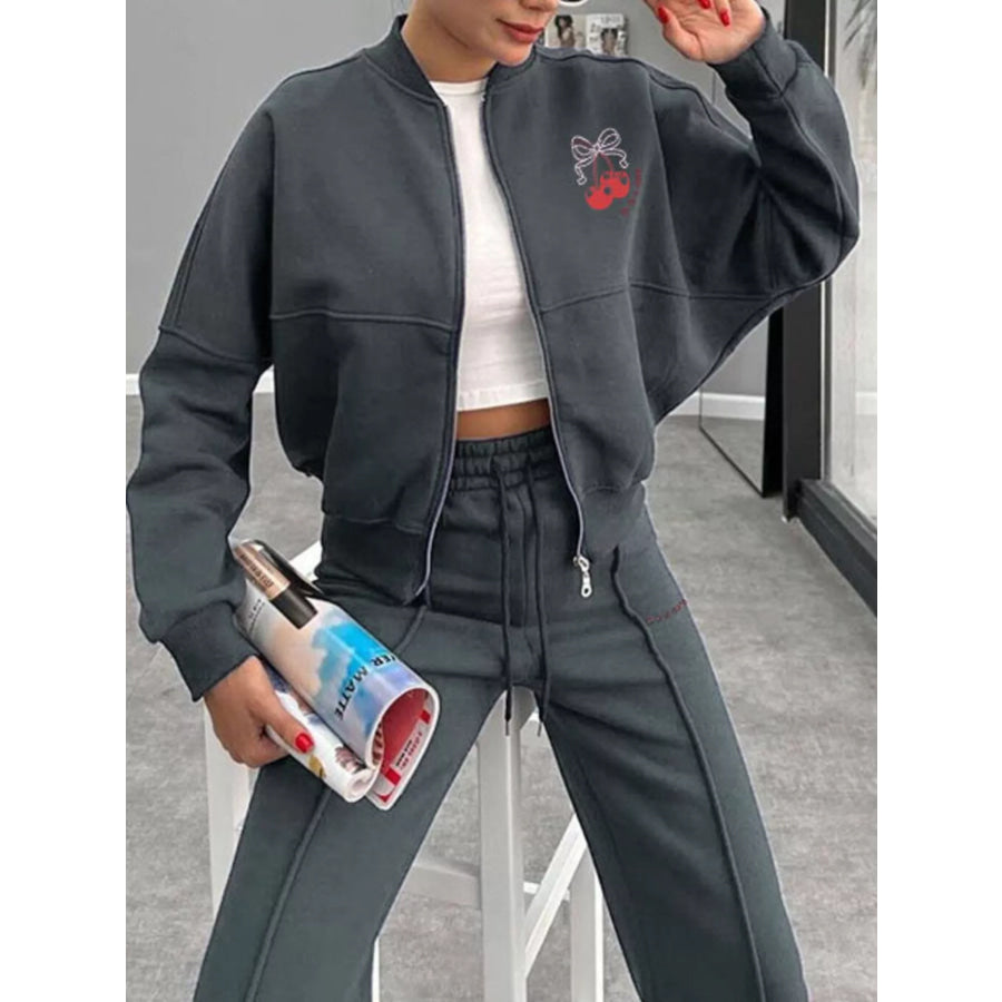 Zip Up Dropped Shoulder Outerwear and Pants Set Apparel and Accessories