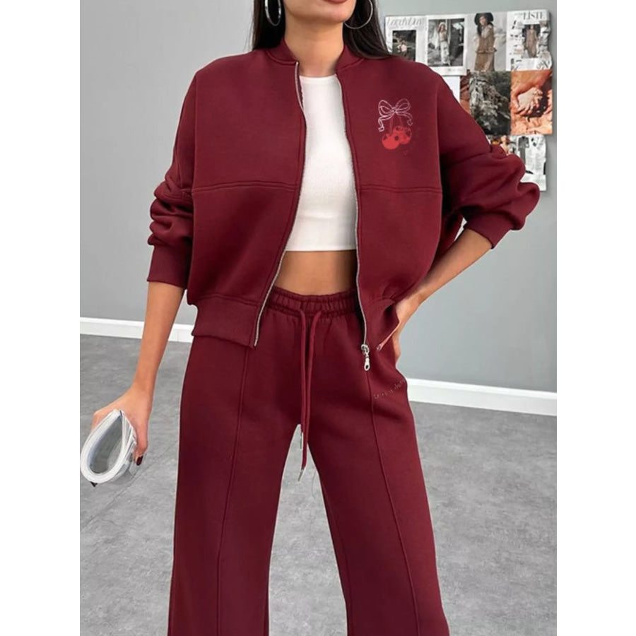 Zip Up Dropped Shoulder Outerwear and Pants Set Apparel and Accessories