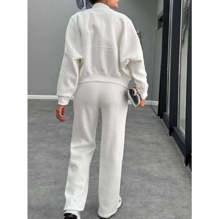 Zip Up Dropped Shoulder Outerwear and Pants Set Apparel and Accessories