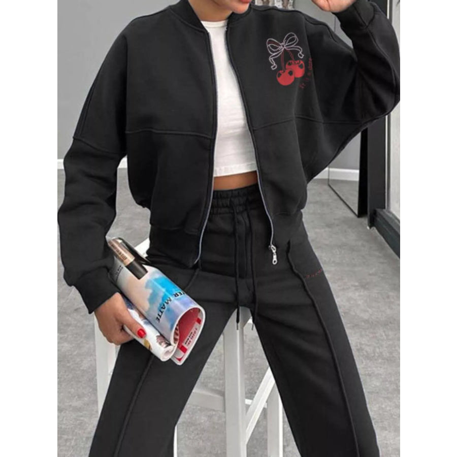 Zip Up Dropped Shoulder Outerwear and Pants Set Apparel and Accessories