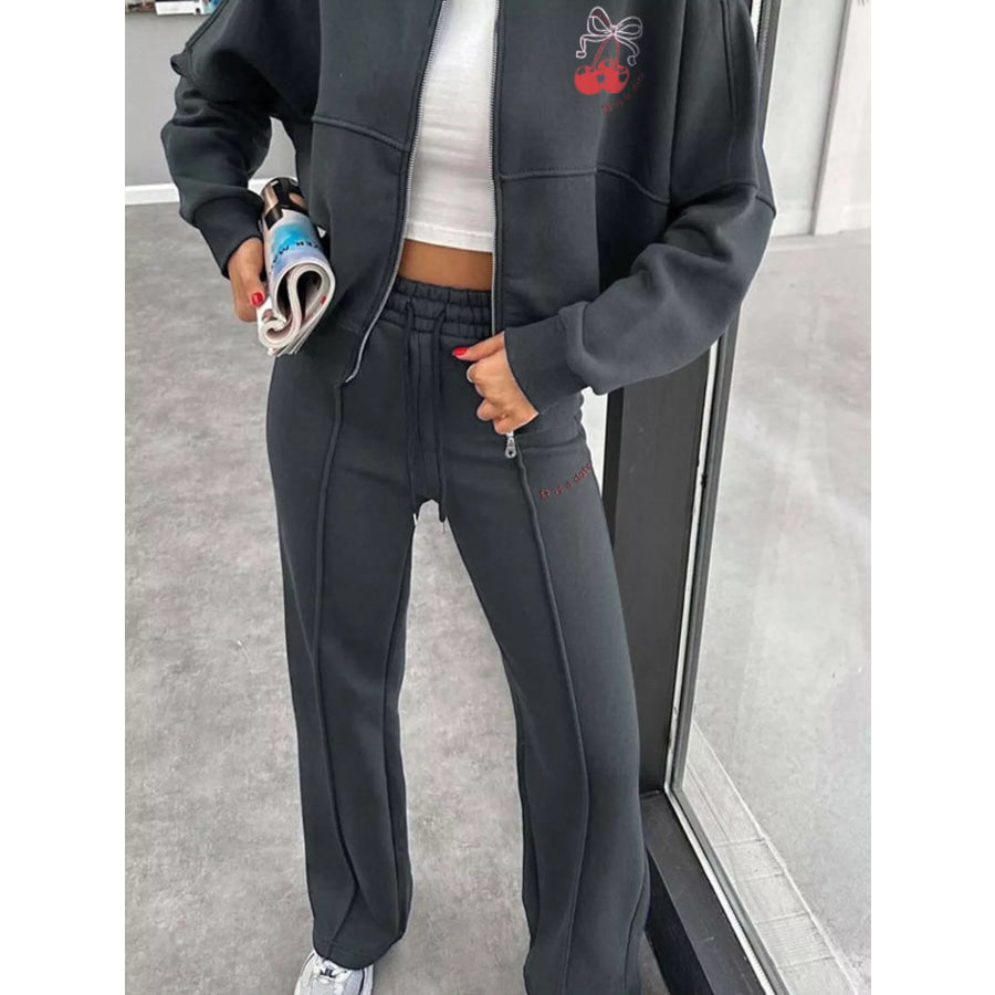 Zip Up Dropped Shoulder Outerwear and Pants Set Apparel and Accessories