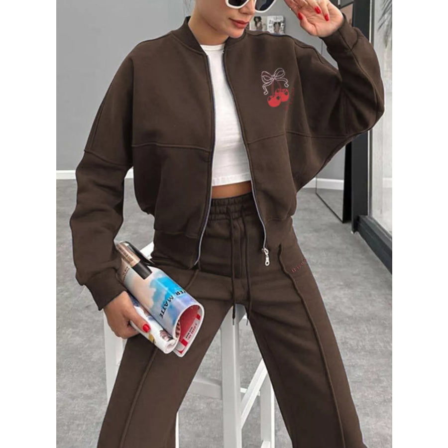 Zip Up Dropped Shoulder Outerwear and Pants Set Apparel and Accessories