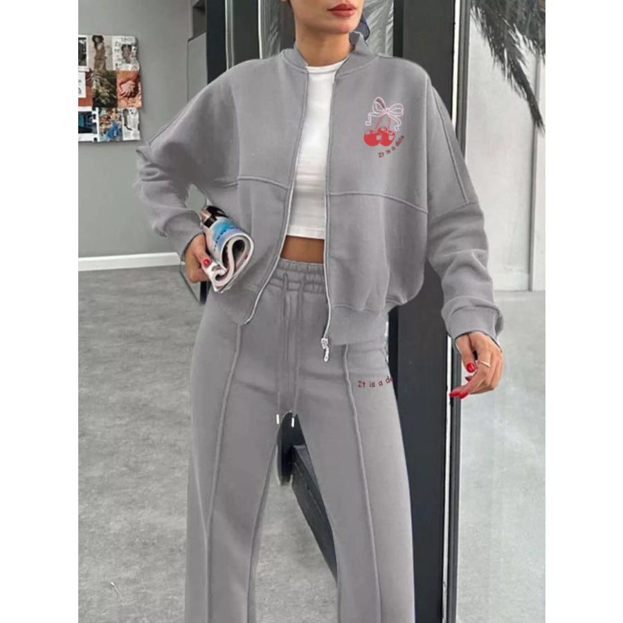 Zip Up Dropped Shoulder Outerwear and Pants Set Apparel and Accessories