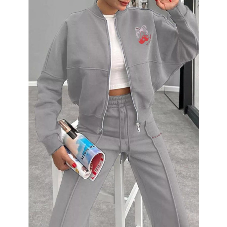 Zip Up Dropped Shoulder Outerwear and Pants Set Apparel and Accessories