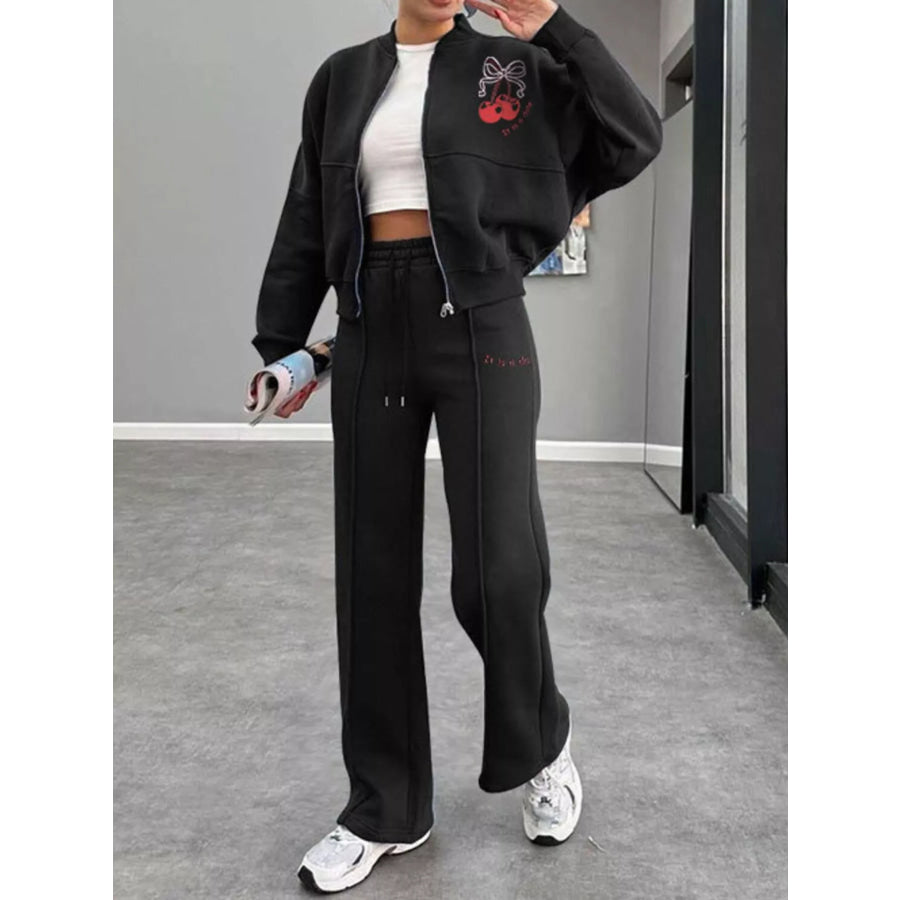 Zip Up Dropped Shoulder Outerwear and Pants Set Black / S Apparel and Accessories