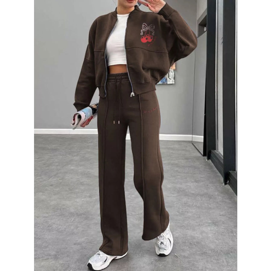 Zip Up Dropped Shoulder Outerwear and Pants Set Brown / S Apparel and Accessories