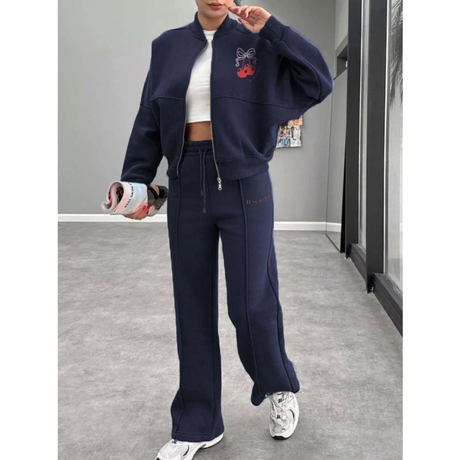 Zip Up Dropped Shoulder Outerwear and Pants Set Dark Blue / S Apparel and Accessories