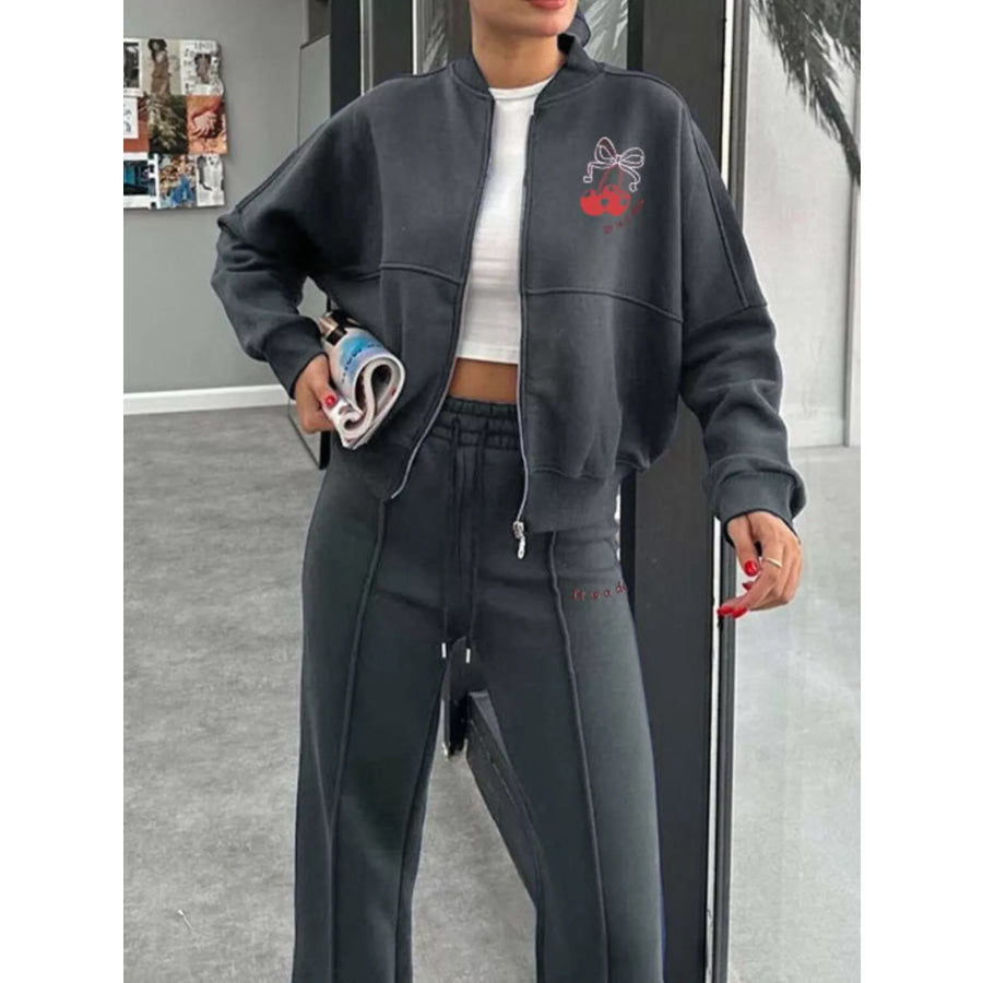 Zip Up Dropped Shoulder Outerwear and Pants Set Dark Gray / S Apparel and Accessories