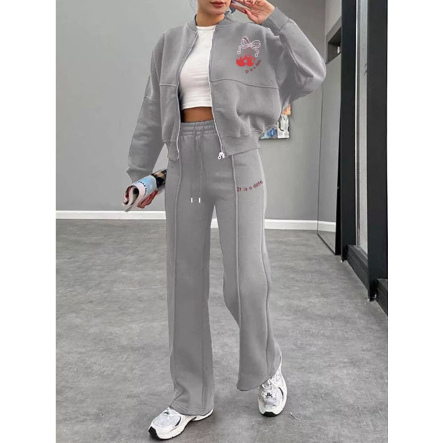 Zip Up Dropped Shoulder Outerwear and Pants Set Light Gray / S Apparel and Accessories