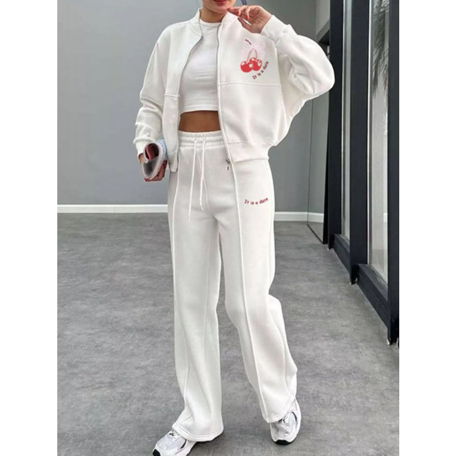 Zip Up Dropped Shoulder Outerwear and Pants Set White / S Apparel and Accessories