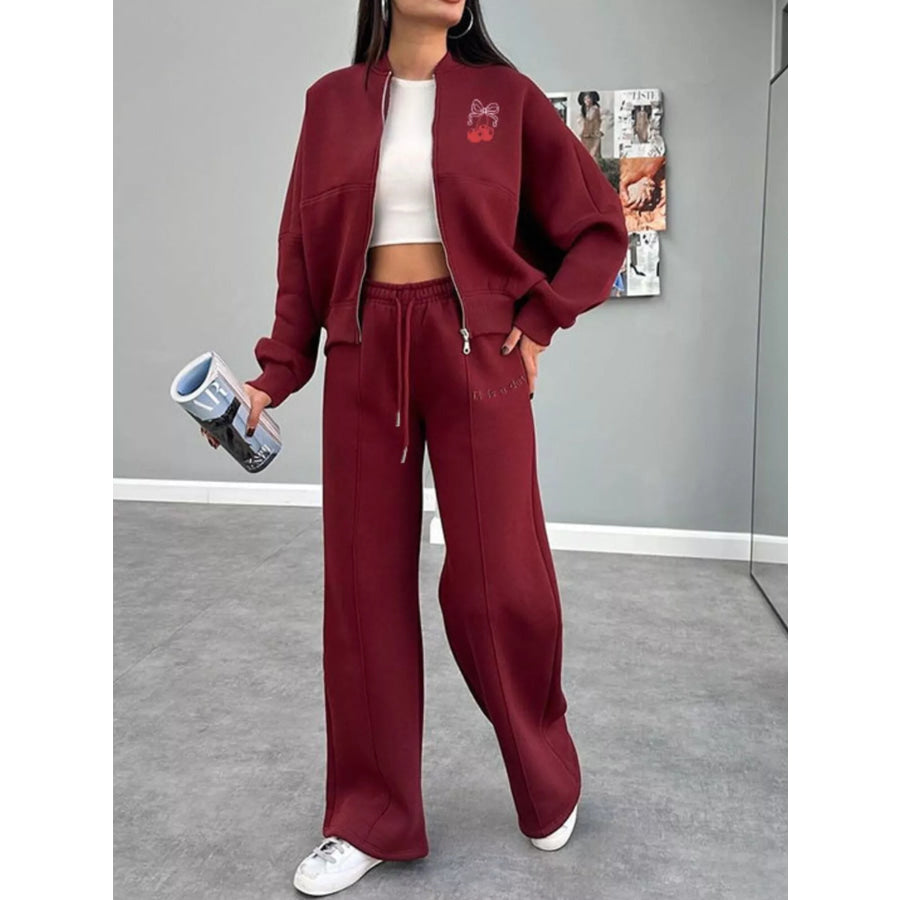 Zip Up Dropped Shoulder Outerwear and Pants Set Wine Red / S Apparel and Accessories