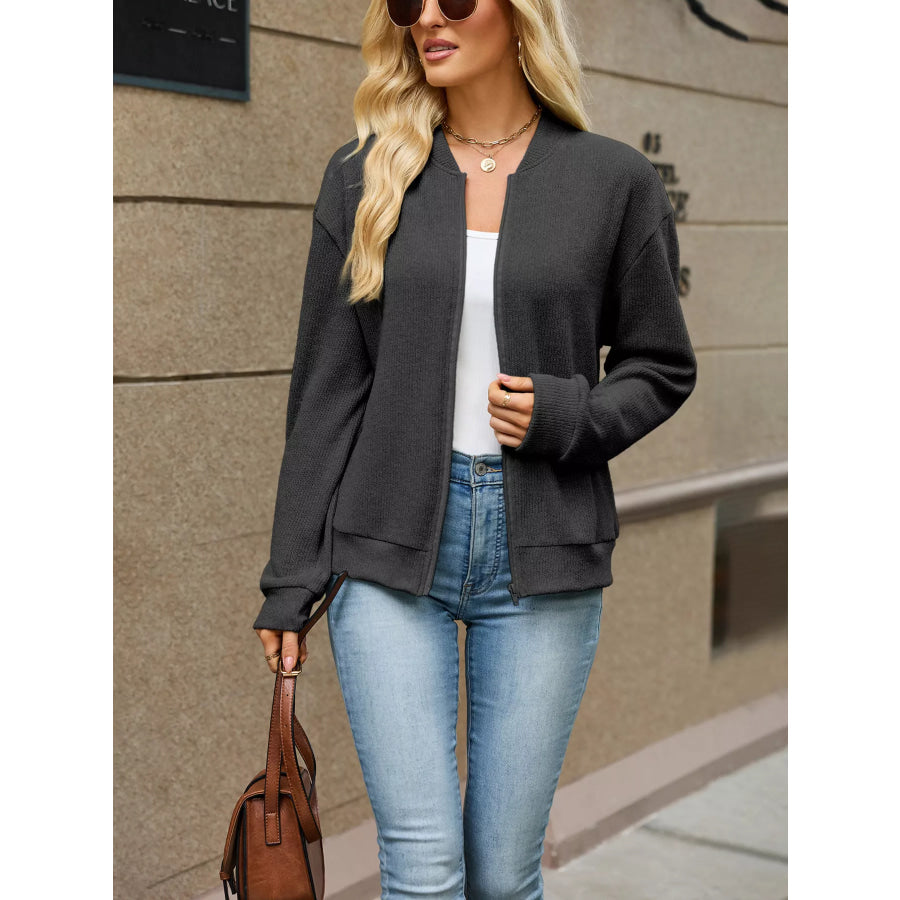 Zip-Up Dropped Shoulder Top Apparel and Accessories