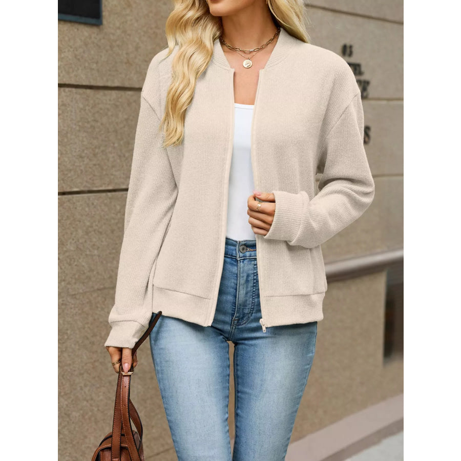 Zip-Up Dropped Shoulder Top Apricot / S Apparel and Accessories
