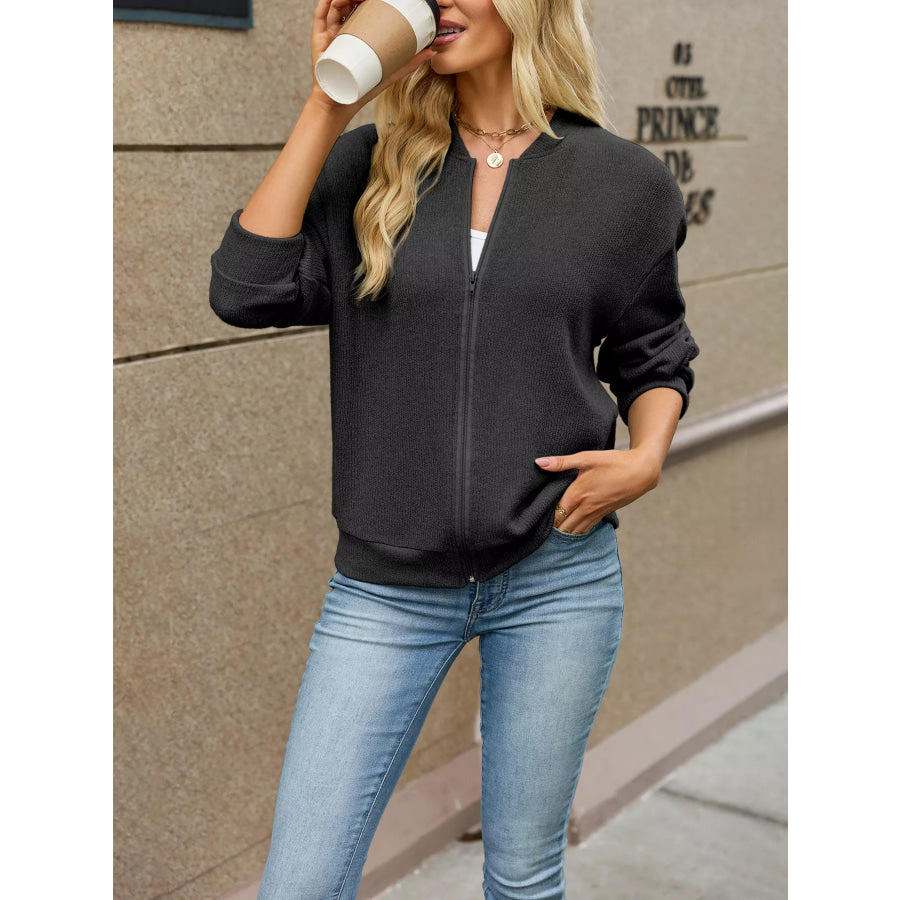 Zip-Up Dropped Shoulder Top Black / S Apparel and Accessories