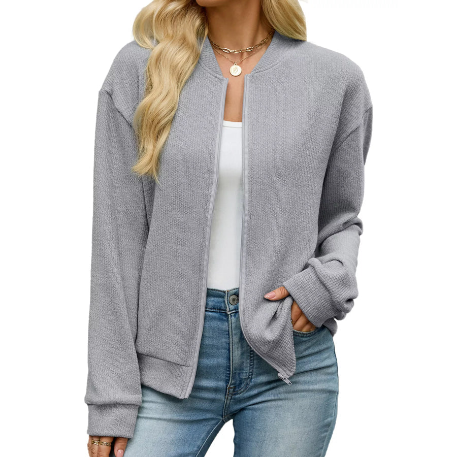 Zip-Up Dropped Shoulder Top Gray / S Apparel and Accessories