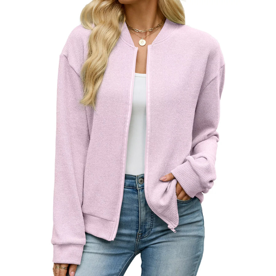 Zip-Up Dropped Shoulder Top Pink / S Apparel and Accessories